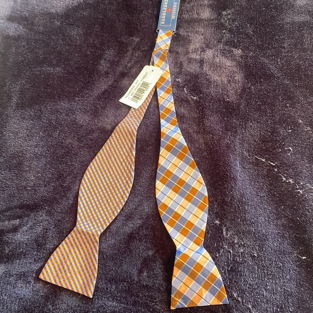 NWT Reversible Saddlebred Men's Bow Tie - Orange and Blue Plaid Gingham